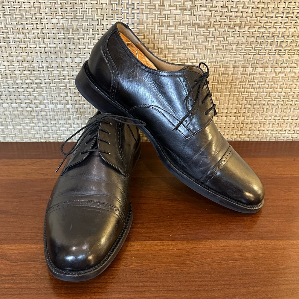 🌟HP🌟Johnston & Murphy Black Leather Signature Cap Toe Brogue Oxford Shoes 9.5W
